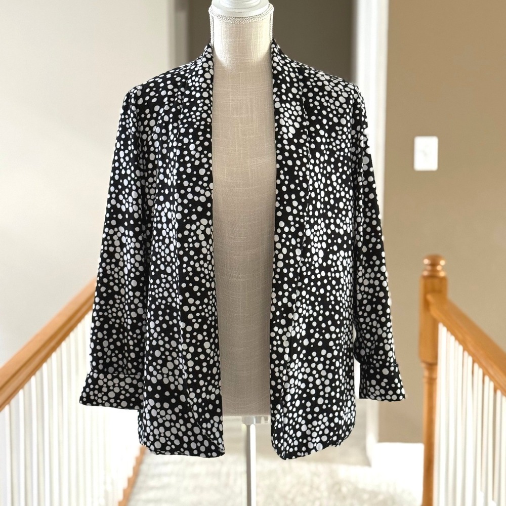 Kim Rogers Womens Black White Polka Dot‎ Open Front Blazer Jacket Size L